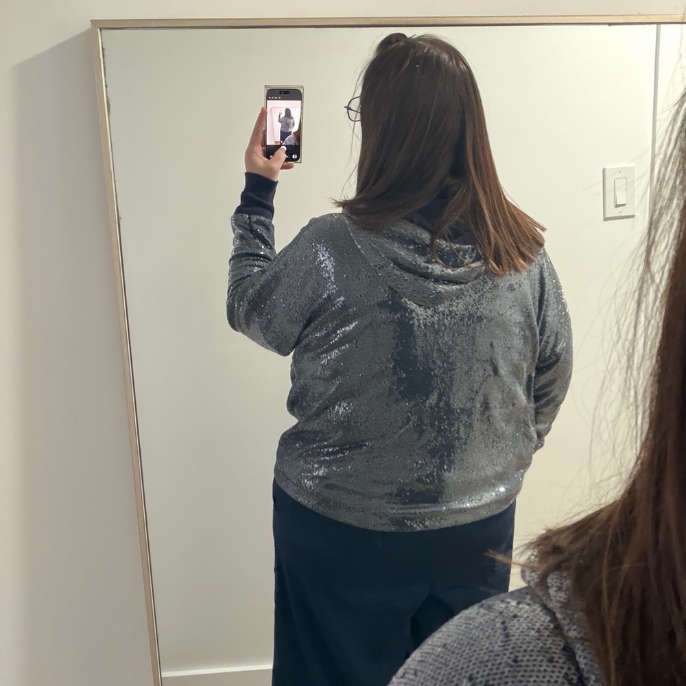 Anthropologie sequin sweatshirt hooded blue sipper front relaxed in XL - Picture 3 of 7